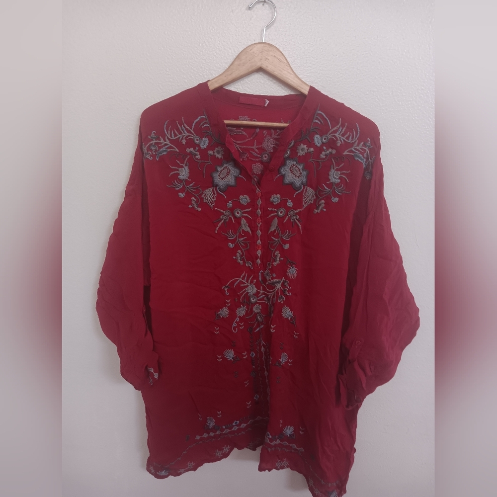 Johnny Was Crinkle Embroidered Floral Blouse - Picture 3 of 9